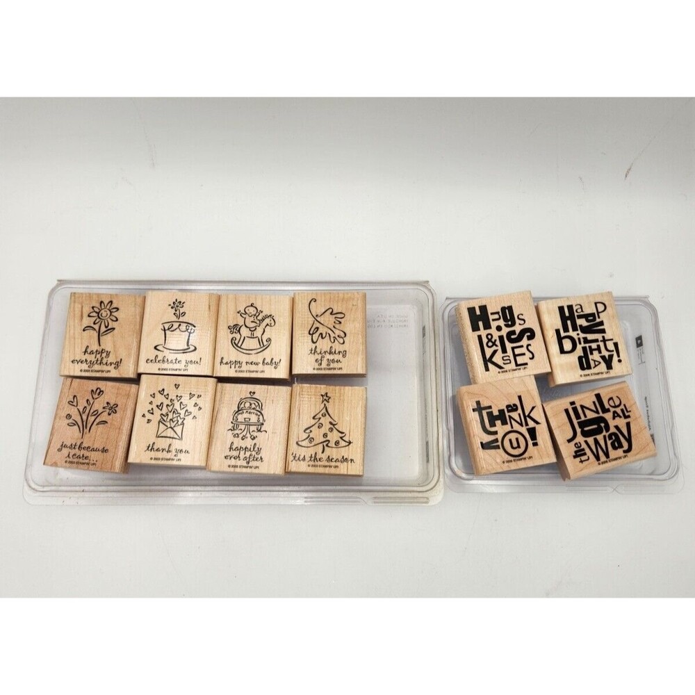 Stampin Up Wooden Stamp Lot Greetings Galore‎ & Alphabet Soup Fun Retired